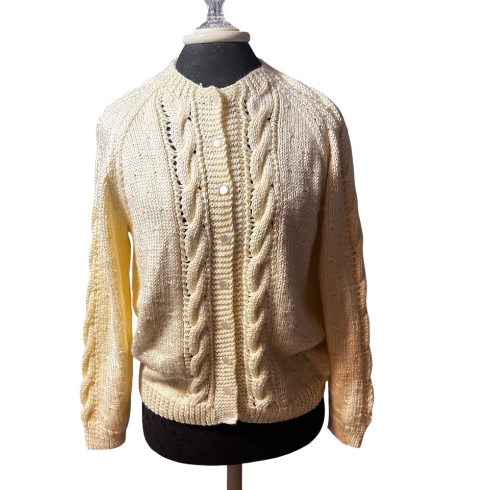 Hand Knit Cream Cable Cardigan Made By Grandma Fisherman’s Knit Butter Mom M